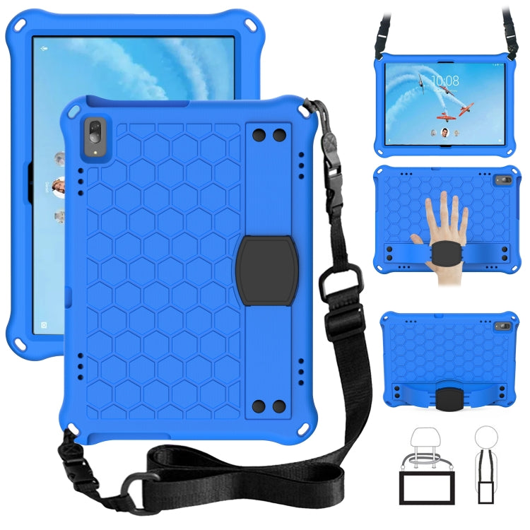 Tablet protective case with honeycomb pattern and strap, blue, with kickstand