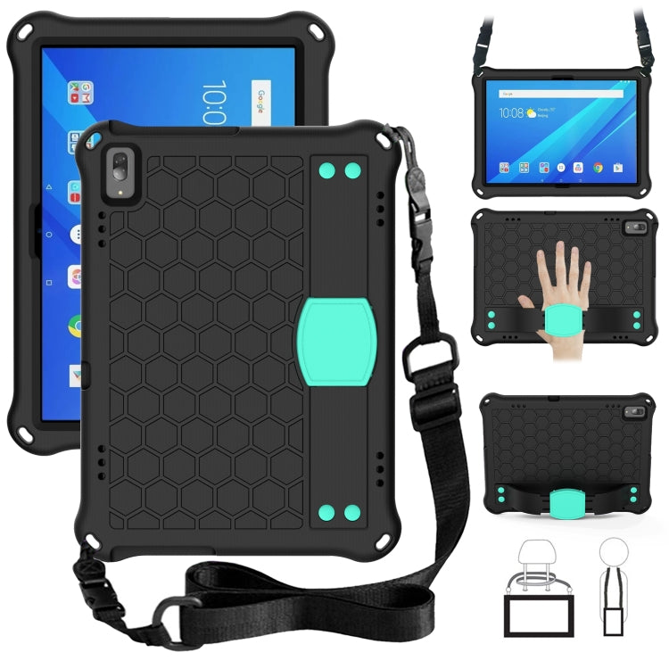 Tablet protective case with honeycomb pattern and strap, black with teal accents, kickstand