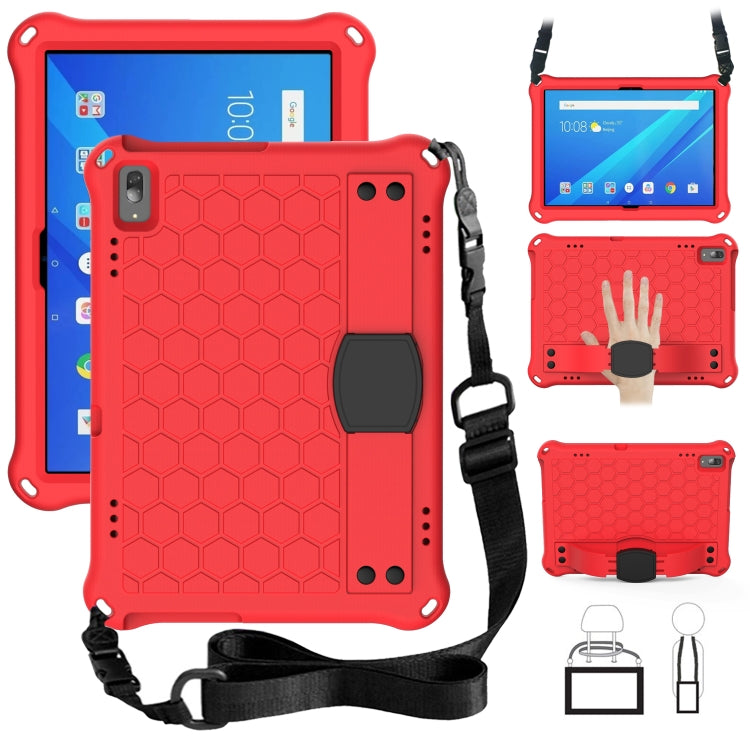 Tablet protective case with honeycomb pattern and strap, red, with kickstand