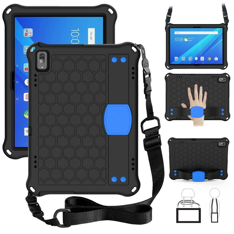 Tablet protective case with honeycomb texture, four-corner drop protection, plus strap; black/blue.