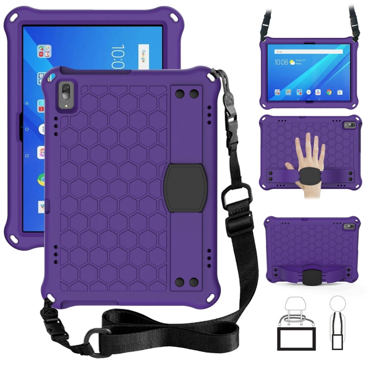 Tablet protective case with honeycomb texture, four-corner drop protection, plus strap; purple/black.