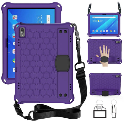 Tablet protective case with honeycomb texture, four-corner drop protection, plus strap; purple/black.