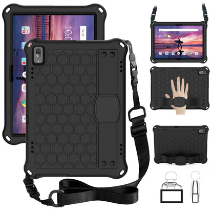 Tablet protective case with honeycomb texture, four-corner drop protection, plus strap; dark/black.