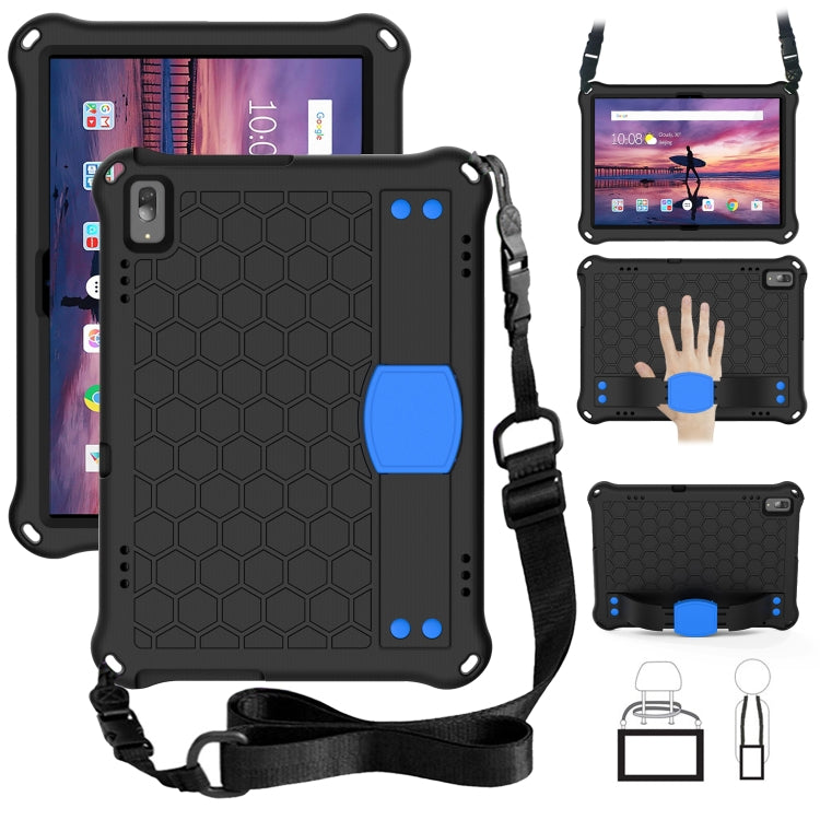 Tablet protective case with honeycomb texture, four-corner drop protection, plus strap; black with blue accents.