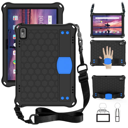 Tablet protective case with honeycomb texture, four-corner drop protection, plus strap; black with blue accents.