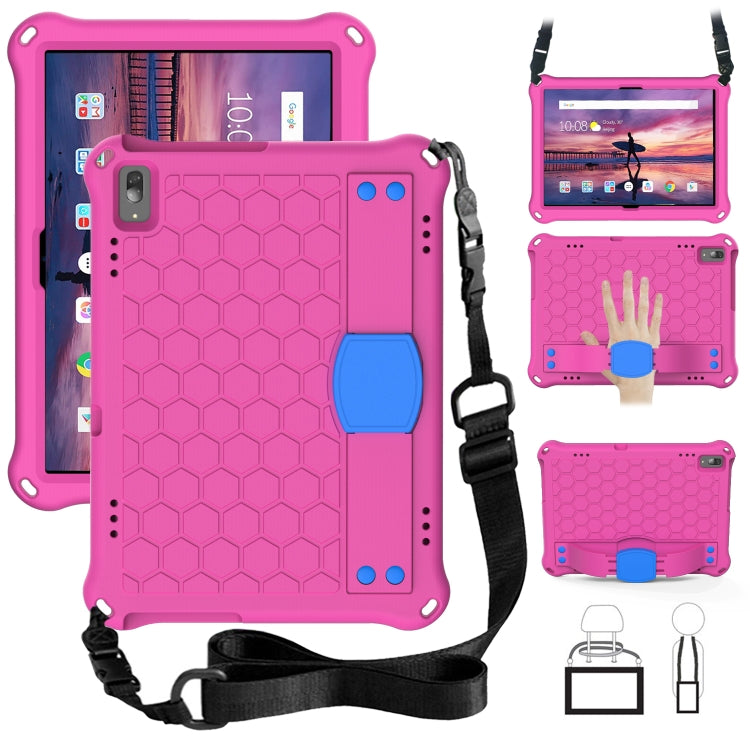 Tablet protective case with honeycomb texture, four-corner drop protection, plus strap; magenta/pink.