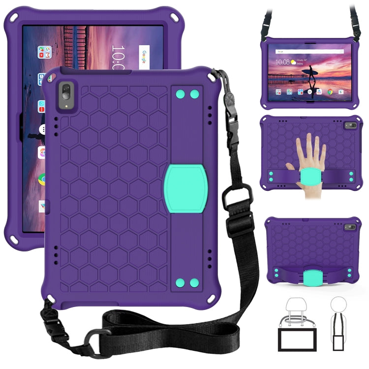 Tablet protective case with honeycomb texture, four-corner drop protection, plus strap; purple/teal.
