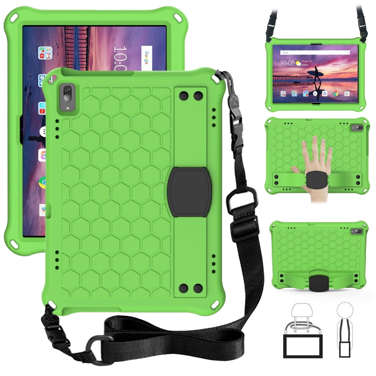 Tablet protective case with honeycomb texture, four-corner drop protection, plus strap; green/black.