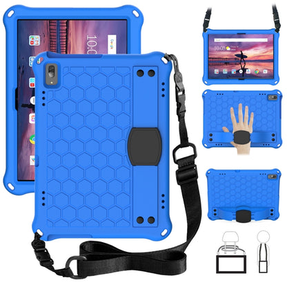 Tablet protective case with honeycomb texture, four-corner drop protection, plus strap; blue/black.
