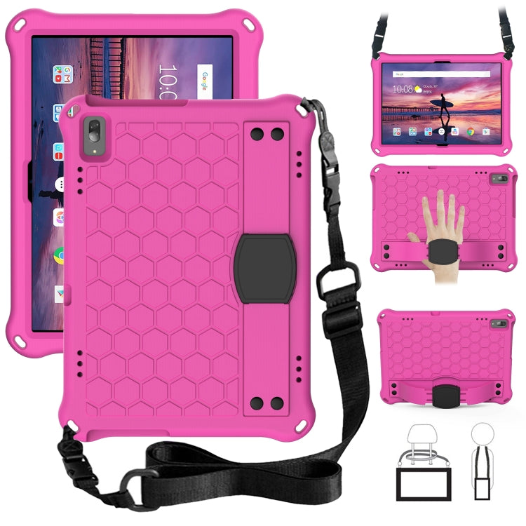 Pink honeycomb textured tablet protective shell with four-corner bumper and strap