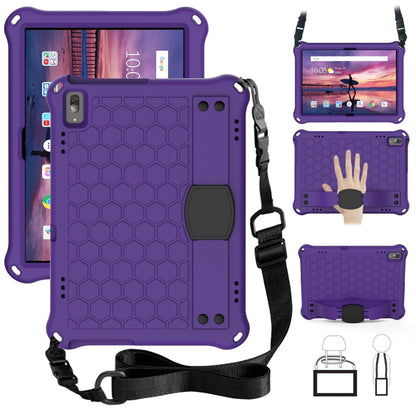 Purple honeycomb textured tablet protective shell with four-corner bumper and strap