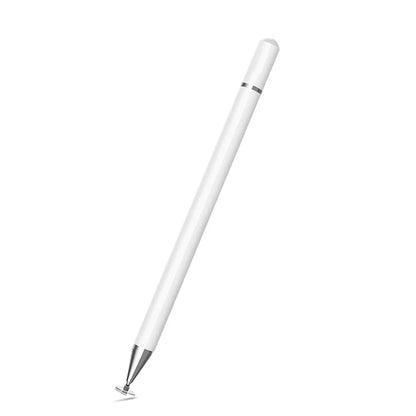 White capacitive stylus pen with pointed touch tip and protective cap end.