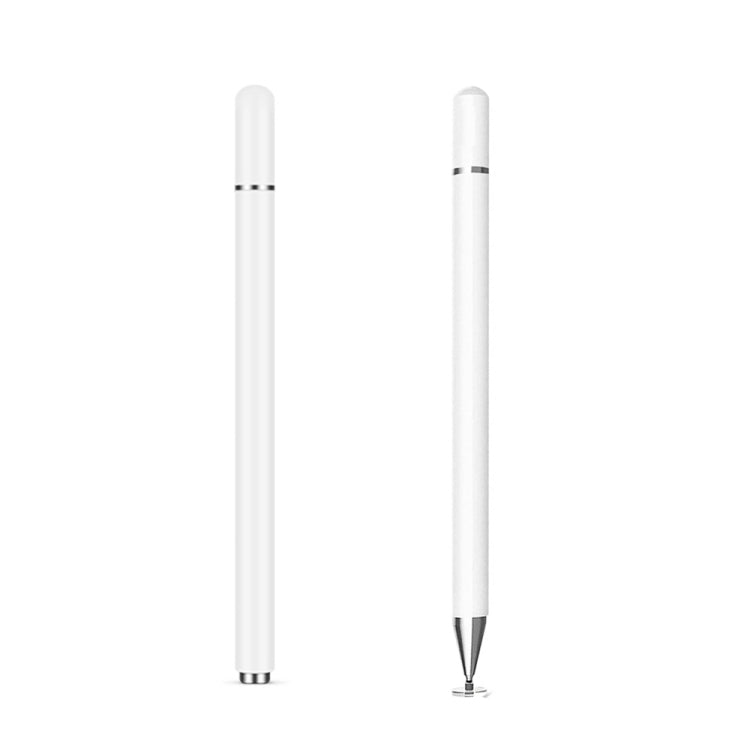 White stylus pen shown from side and top, with pointed capacitive tip.