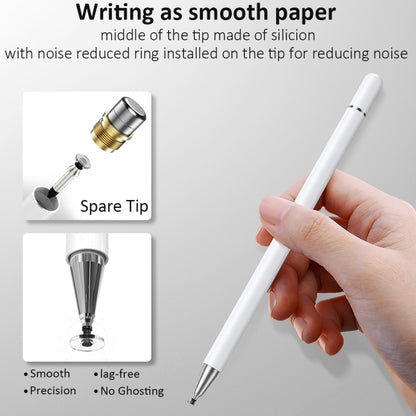 White capacitive stylus pen held in hand; includes spare tip design.