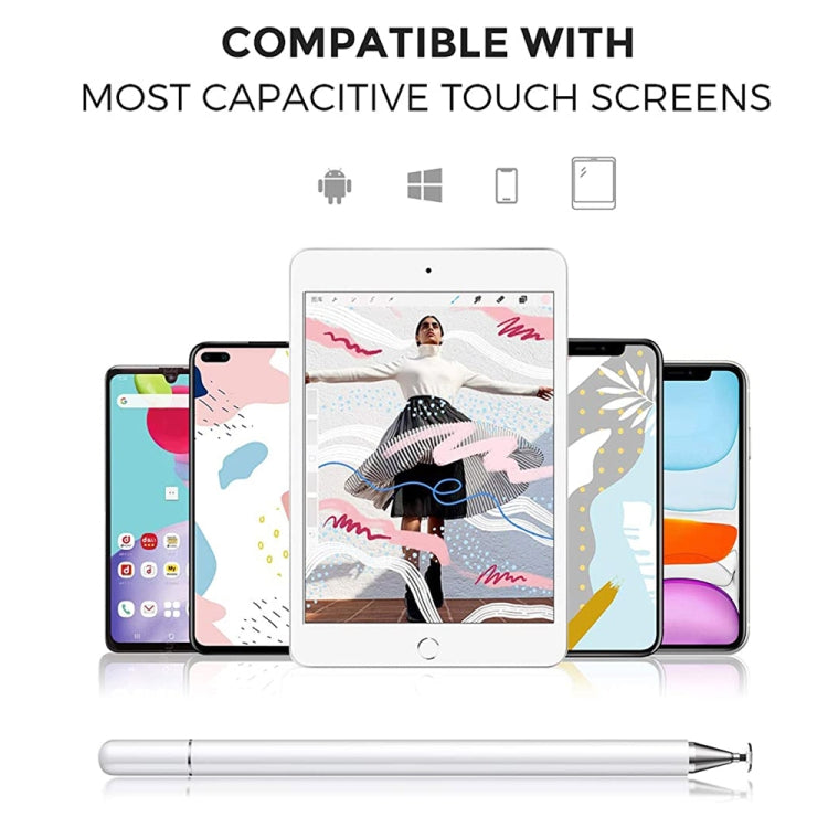 White capacitive stylus pen lying next to multiple touchscreen devices.