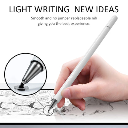 White stylus pen being used on paper with a close-up of the metal nib tip.