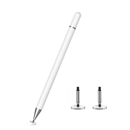 White touch screen stylus with pointed tip, plus two spare tips on stands