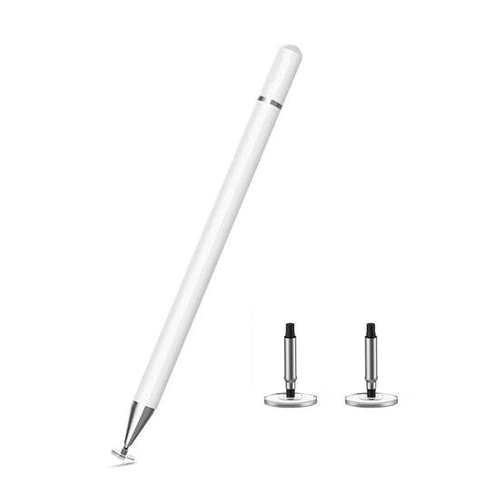 White touch screen stylus with pointed tip, plus two spare tips on stands