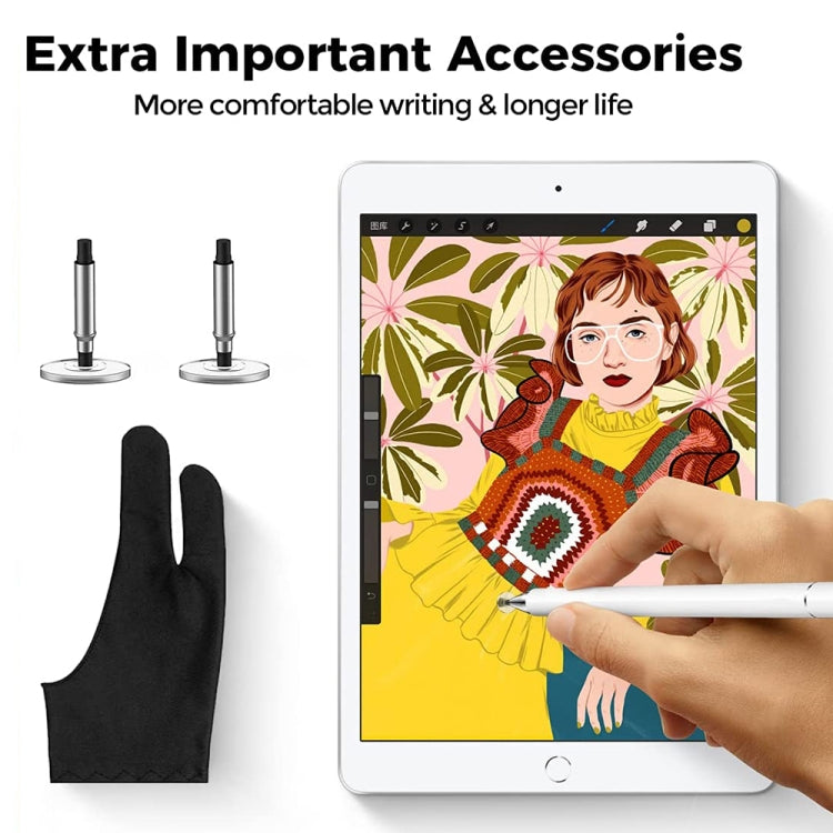 White stylus with two metal tip stands and a black touchscreen glove