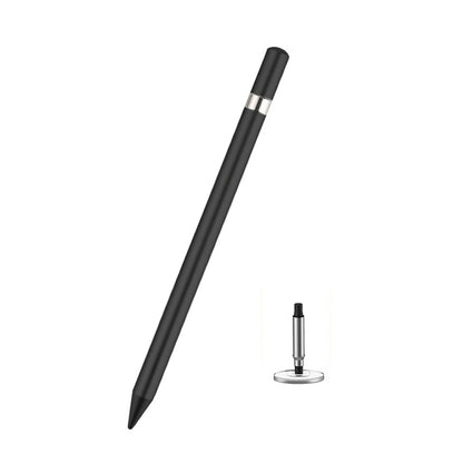 Black capacitive touch screen stylus pen with pointed tip and metal collar