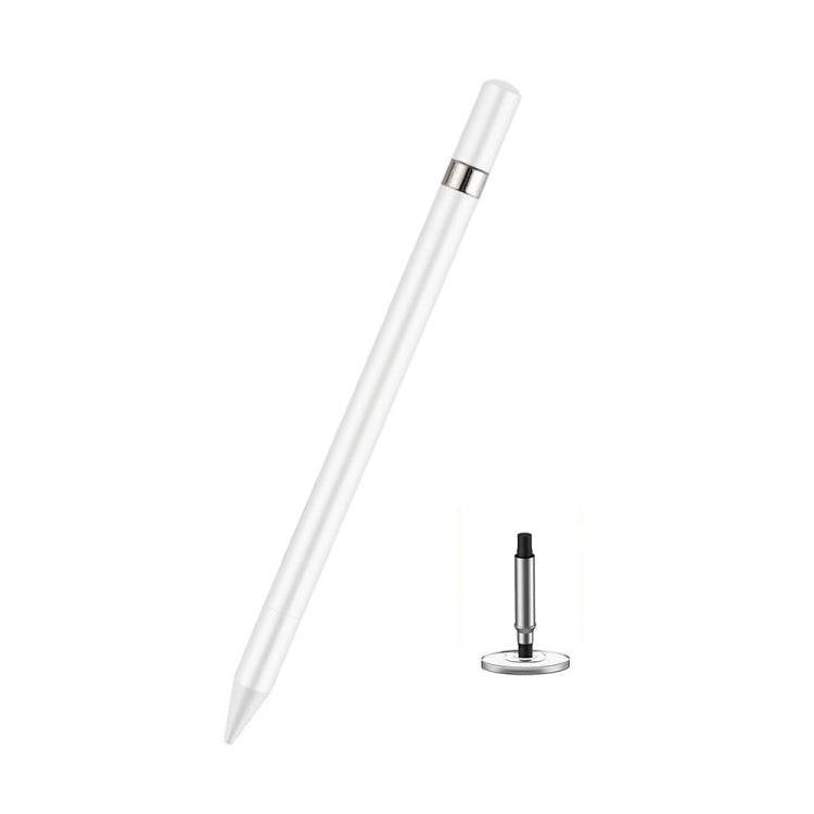 White capacitive touch screen stylus pen with pointed tip, shown with small stand
