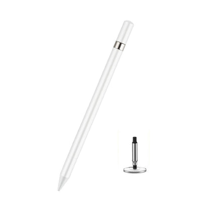 White capacitive touch screen stylus pen with pointed tip, shown with small stand