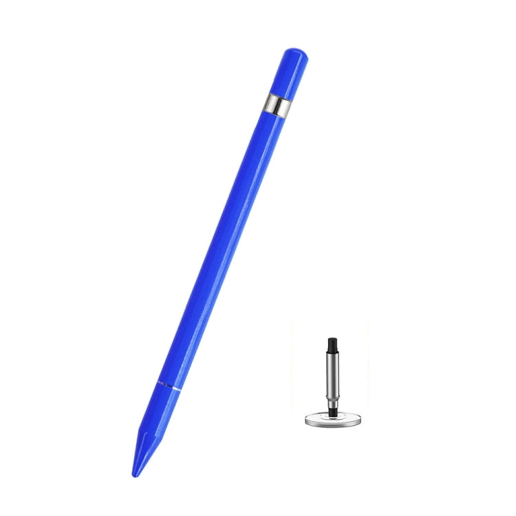 Blue capacitive touch screen stylus pen with pointed tip and metal collar