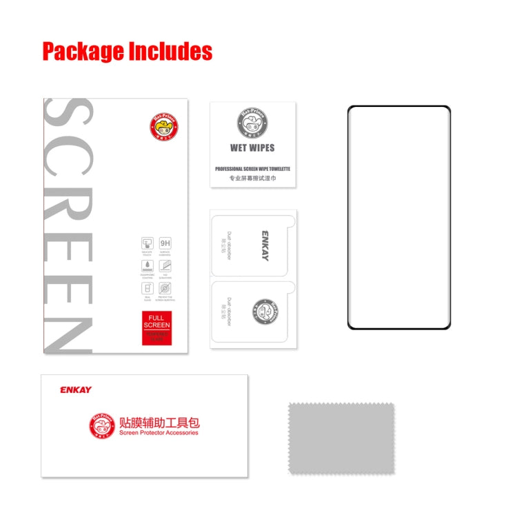 ENKAY screen protector package includes tempered glass, wipes, and cleaning cloth
