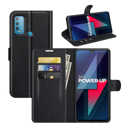 Black litchi-texture flip phone wallet case with card slots and hand strap holder