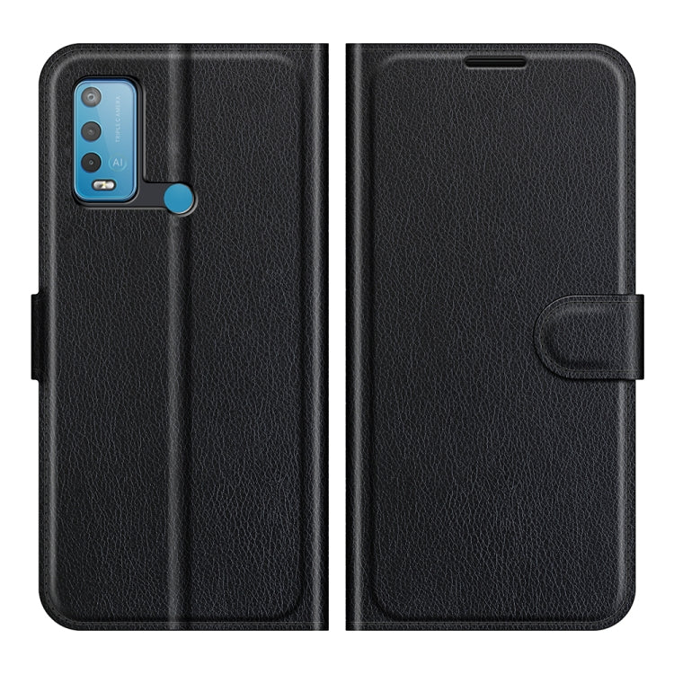Black flip phone wallet case with side strap and textured finish