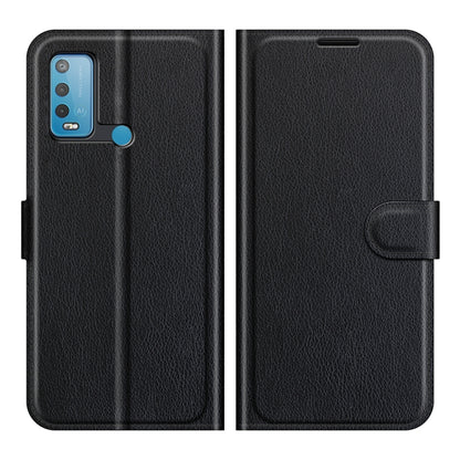 Black flip phone wallet case with side strap and textured finish