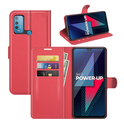 Red litchi-texture flip phone wallet case with card slots and stand holder