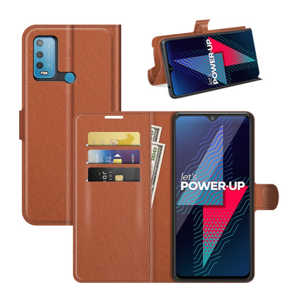 Brown litchi-texture flip phone wallet case with card slots and stand holder