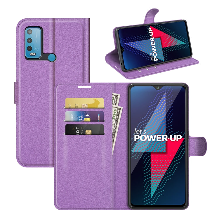 Purple litchi-texture flip phone wallet case with card slots and stand holder