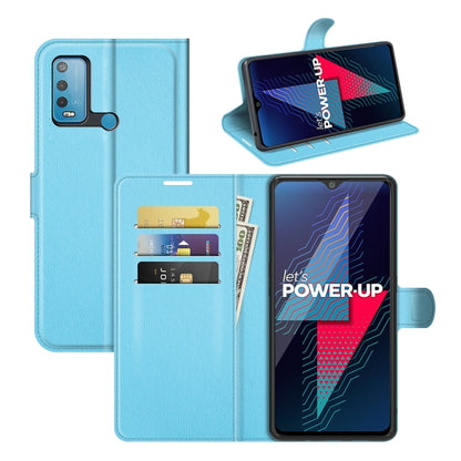 Light blue litchi-texture flip phone case with card slots and stand