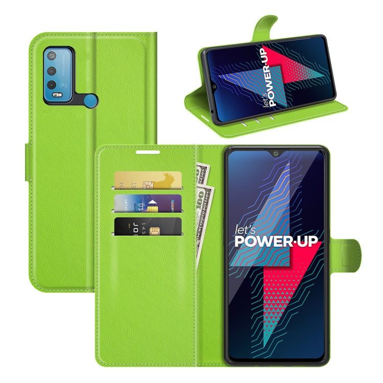 Light green litchi-texture flip phone case with card slots and stand