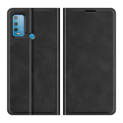 Magnetic leather wallet case with card slots, black front and back