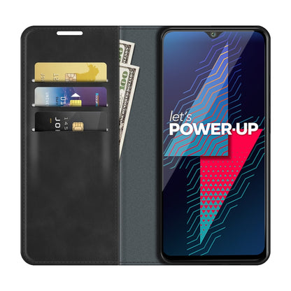 Black magnetic leather wallet case with card slots and cash pocket