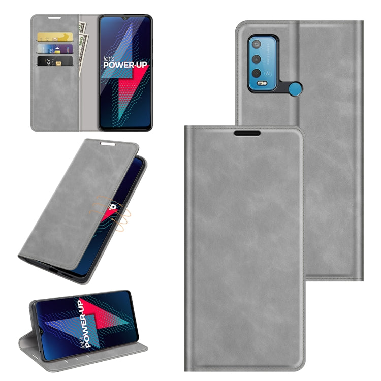 Magnetic leather wallet case with card slots and holder, grey