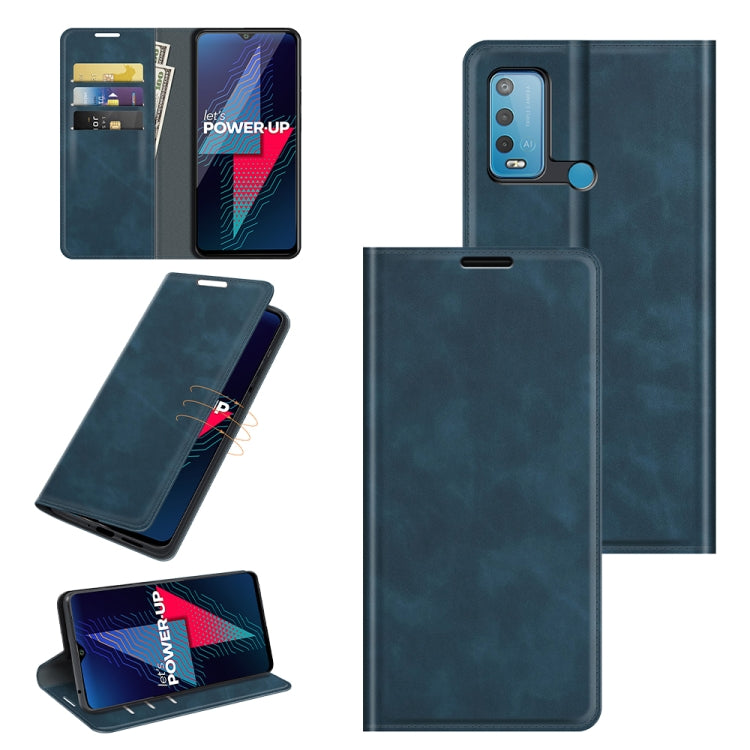 Magnetic leather wallet case with card slots and holder, dark blue