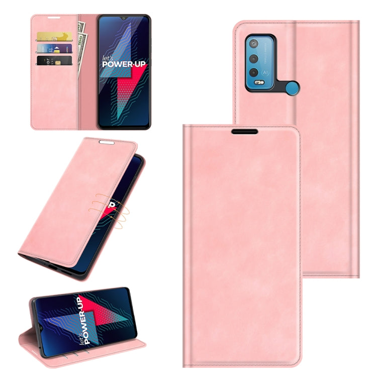 Magnetic leather wallet case with card slots and holder, pink