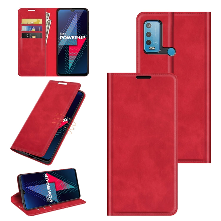 Magnetic leather wallet case with card slots and holder, red