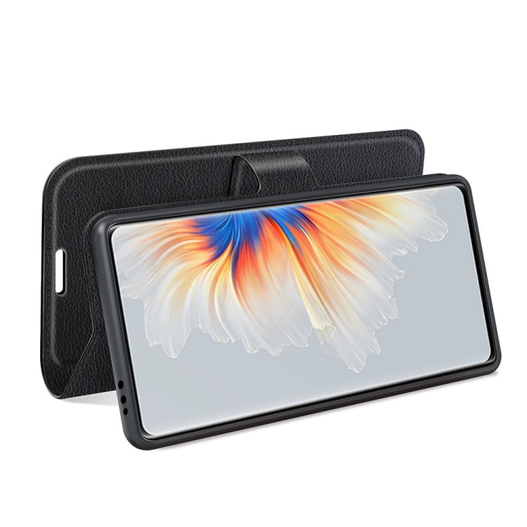 Black litchi-texture flip wallet case with stand support and protective screen cover