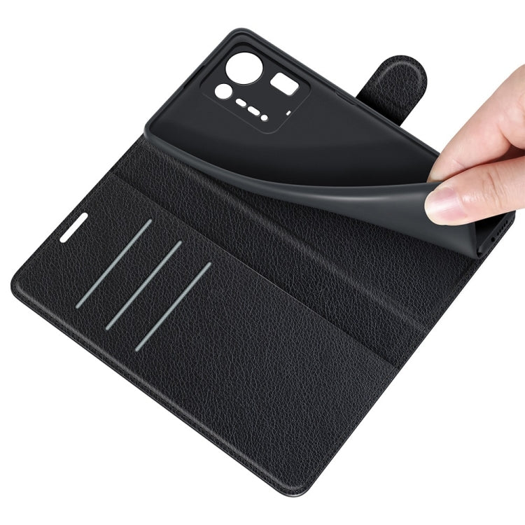 Black wallet-style flip case with card slots, opened flap, and camera cutout