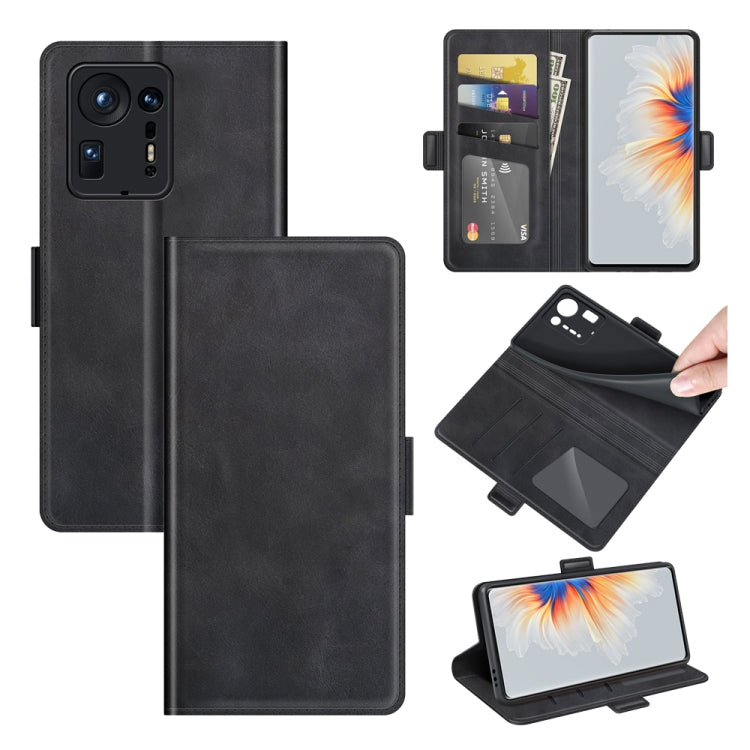 Black dual-side magnetic flip leather phone wallet case with card slots and holder