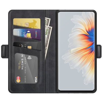 Black flip phone wallet case with built-in card slots and bill compartment