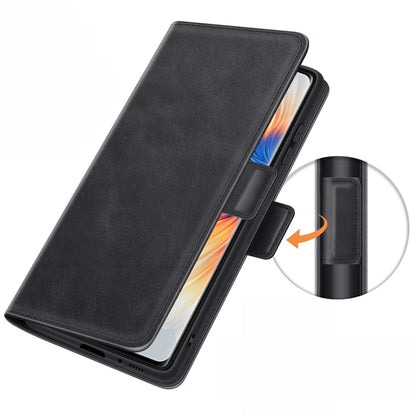 Black magnetic flip leather phone wallet case showing secure side hinge design