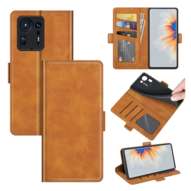 Yellow/tan dual-side magnetic flip leather phone wallet case with card slots