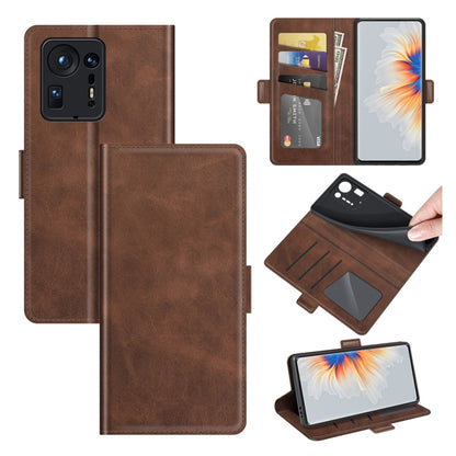 Brown dual-side magnetic flip leather phone wallet case with card slots and stand