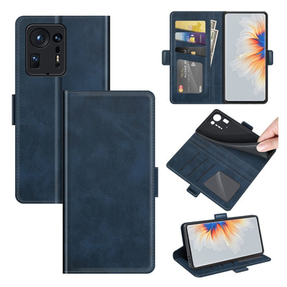 Dark blue dual-side magnetic flip leather phone wallet case with card slots